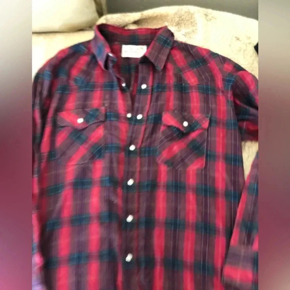 VINTAGE  Saddle King Western Men's Shirt Pearl Snap Long-sleeve Red and Blue - Picture 1 of 7
